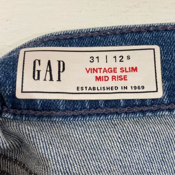 Gap Jeans Women’s 12 Short Blue Denim Mid Rise Slim Fit Raw Hem Vintage Style - Picture 7 of 13